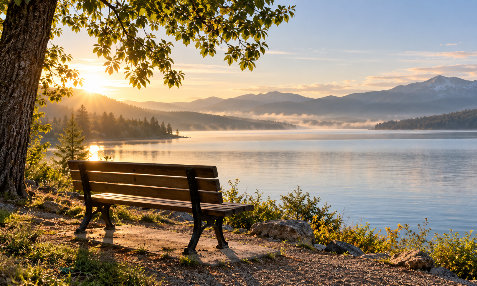 Empty wooden bench overlooking a quiet lake in the early morning light.