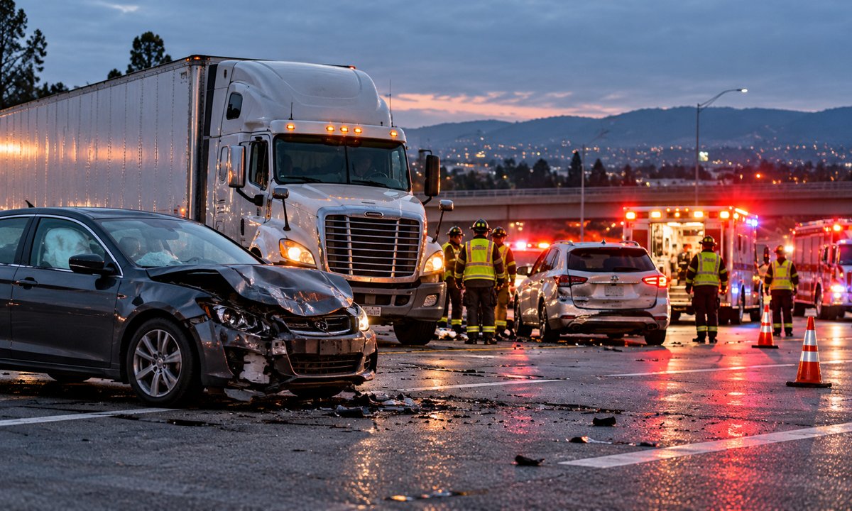 Damaged passenger vehicle and commercial truck at a highway accident scene with emergency responders.