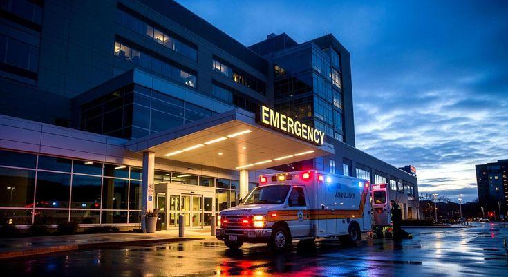 Ambulance outside a hospital emergency department at night.