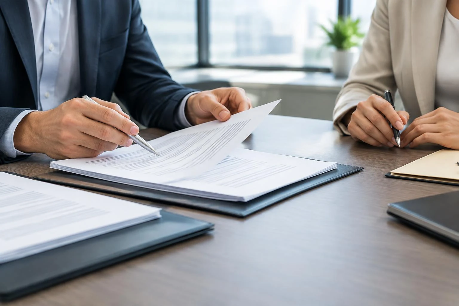 Business agreement documents being reviewed by professionals.