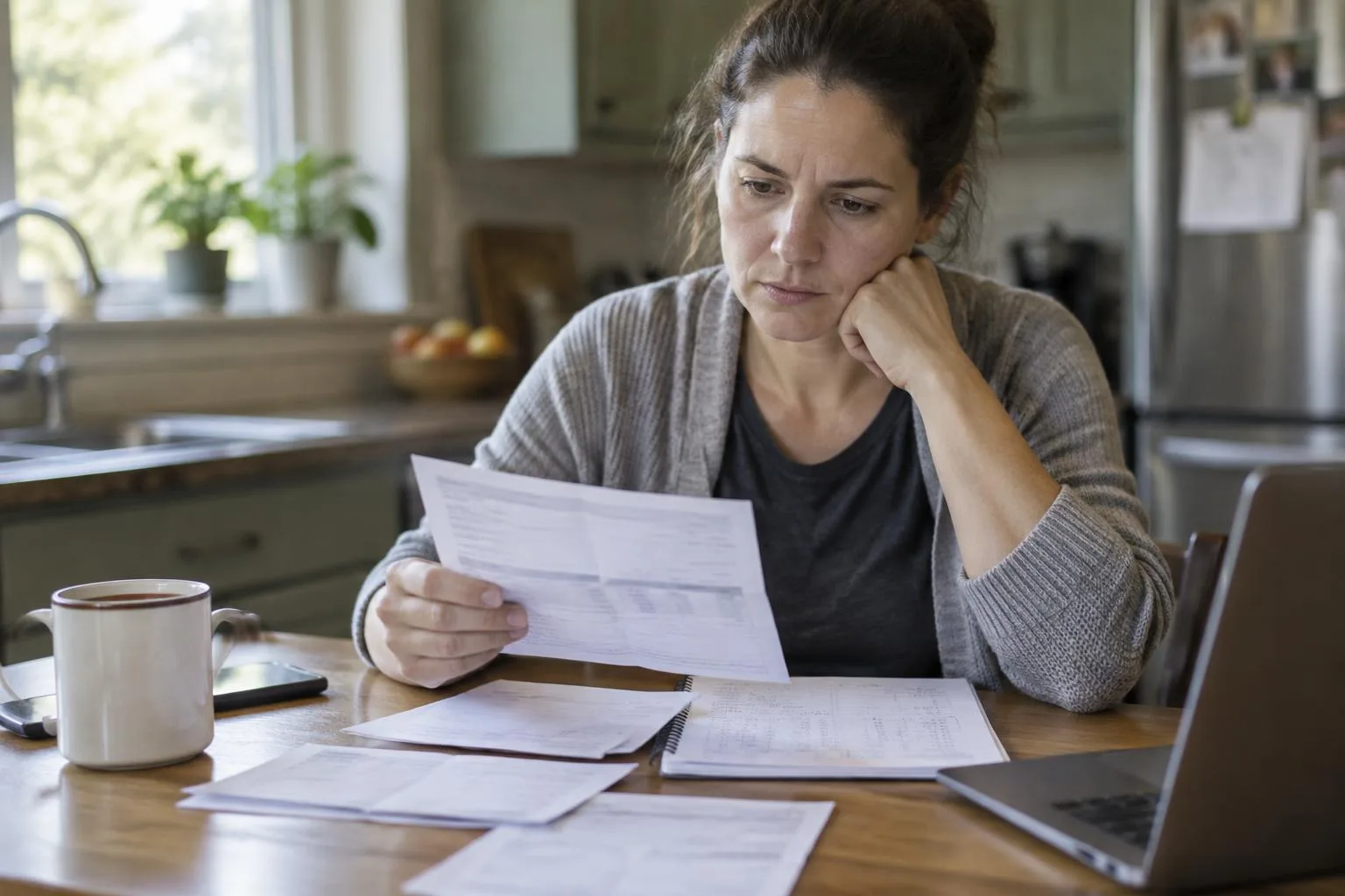 An employee at a kitchen table reviewing pay stubs and a handwritten timesheet beside an open laptop