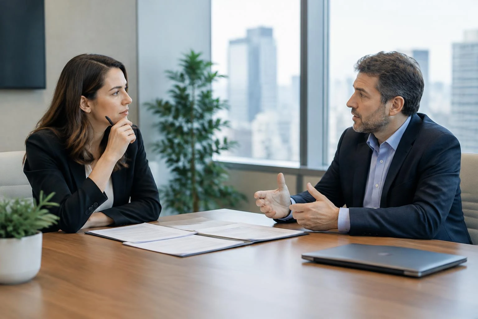 Business partners discussing a disagreement across a conference table.