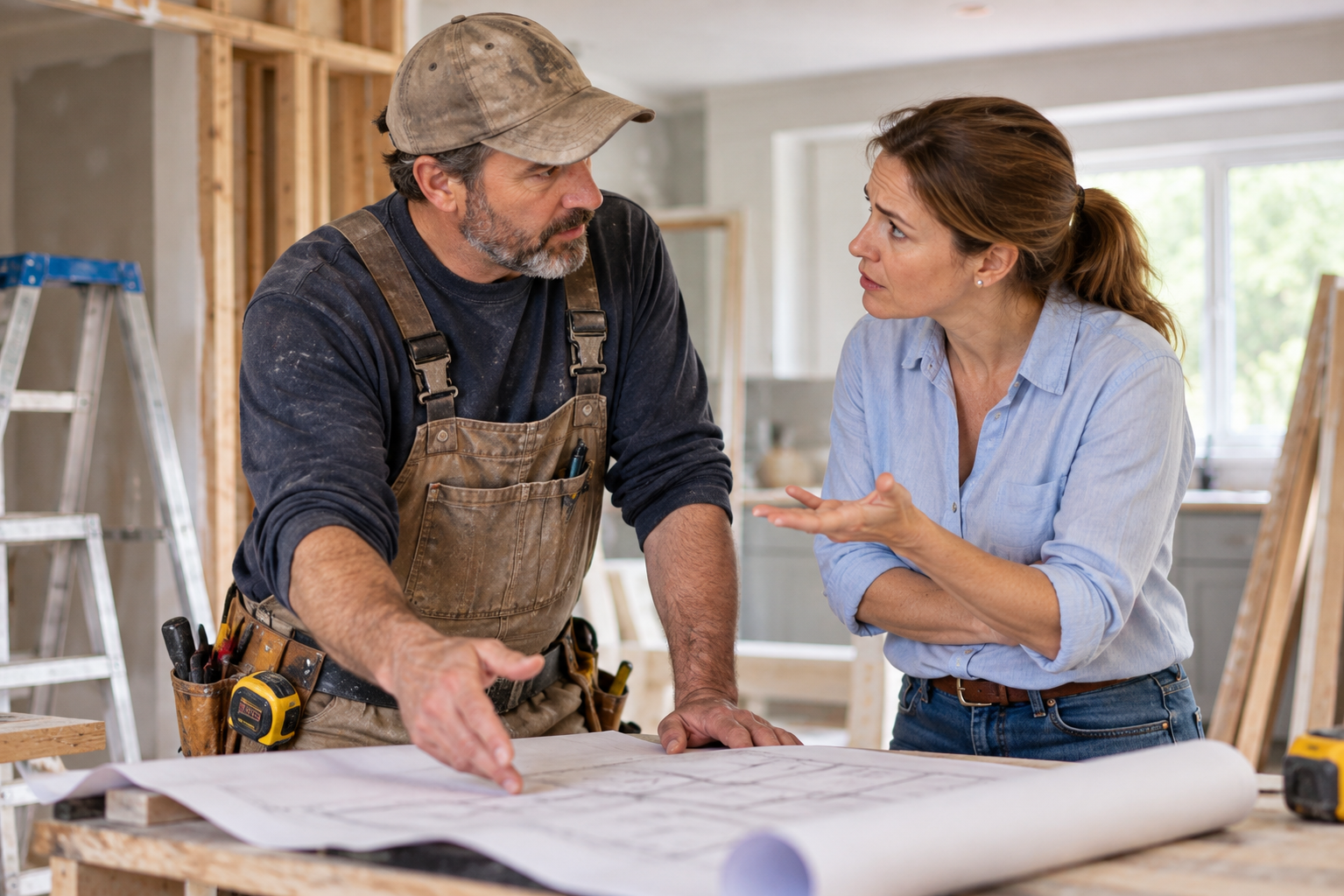 Homeowner discussing construction plans with a contractor during a renovation.