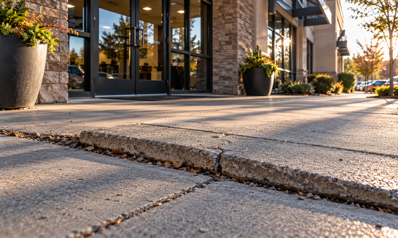 Uneven concrete sidewalk with a raised slab outside a commercial building entrance.