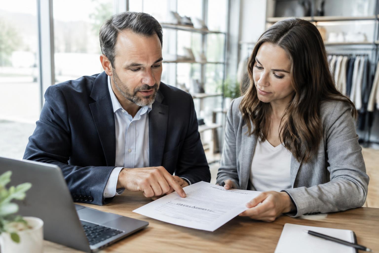 Business owner and property manager reviewing a commercial lease agreement together.