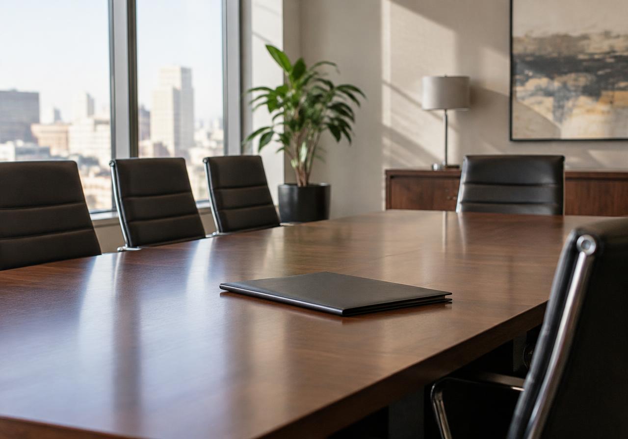 A quiet conference room with a wooden table and a closed document folder in soft daylight
