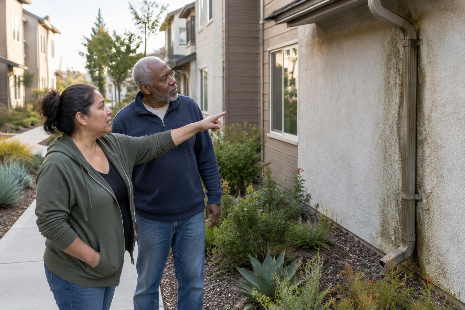 Homeowners discussing a shared-property concern outside a condominium community.
