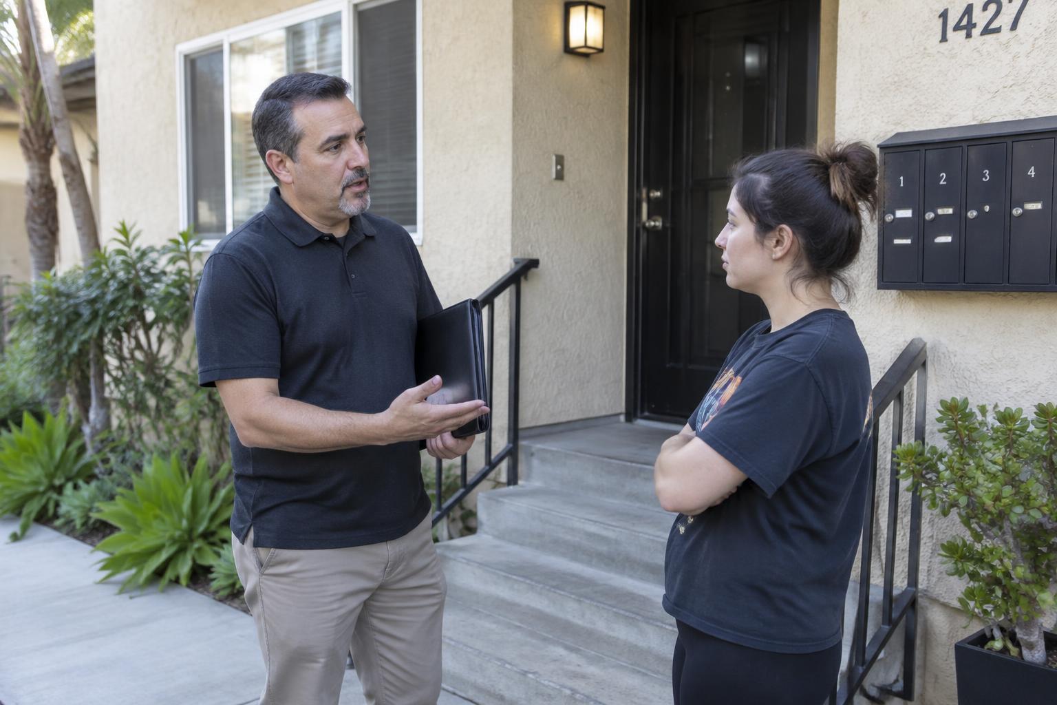 Landlord and tenant discussing a dispute outside a residential rental property.