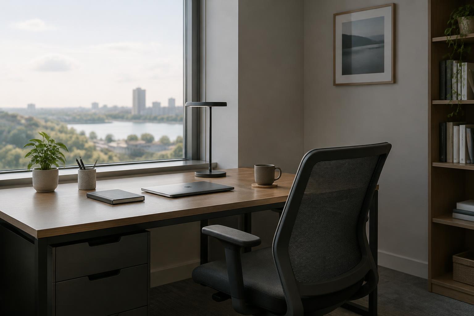 An unoccupied office workstation beside a window in soft daylight