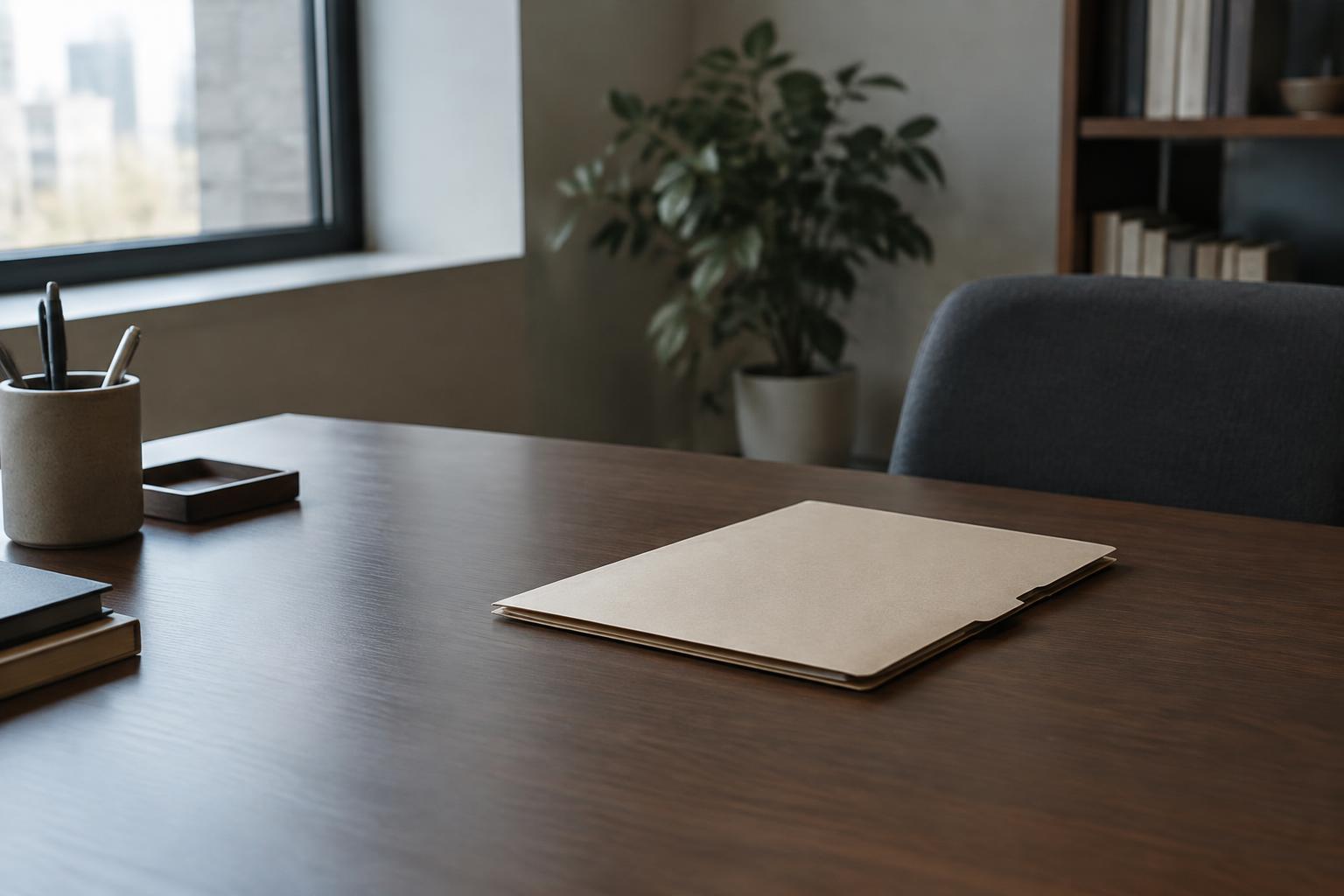A quiet office desk with a closed document folder in soft natural light