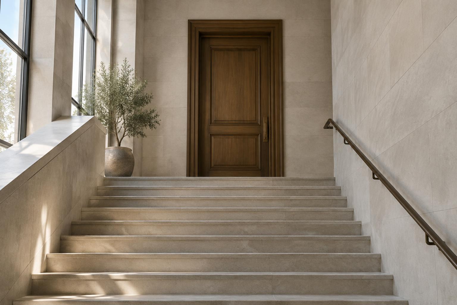 Staircase ascending toward a closed door in a contemporary professional building.