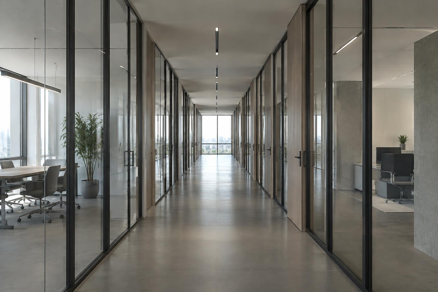 Long, quiet corridor inside a contemporary professional workplace.