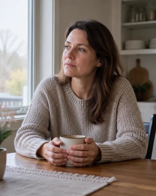 A woman in a casual sweater sits at her kitchen table holding a mug, looking thoughtfully out the window